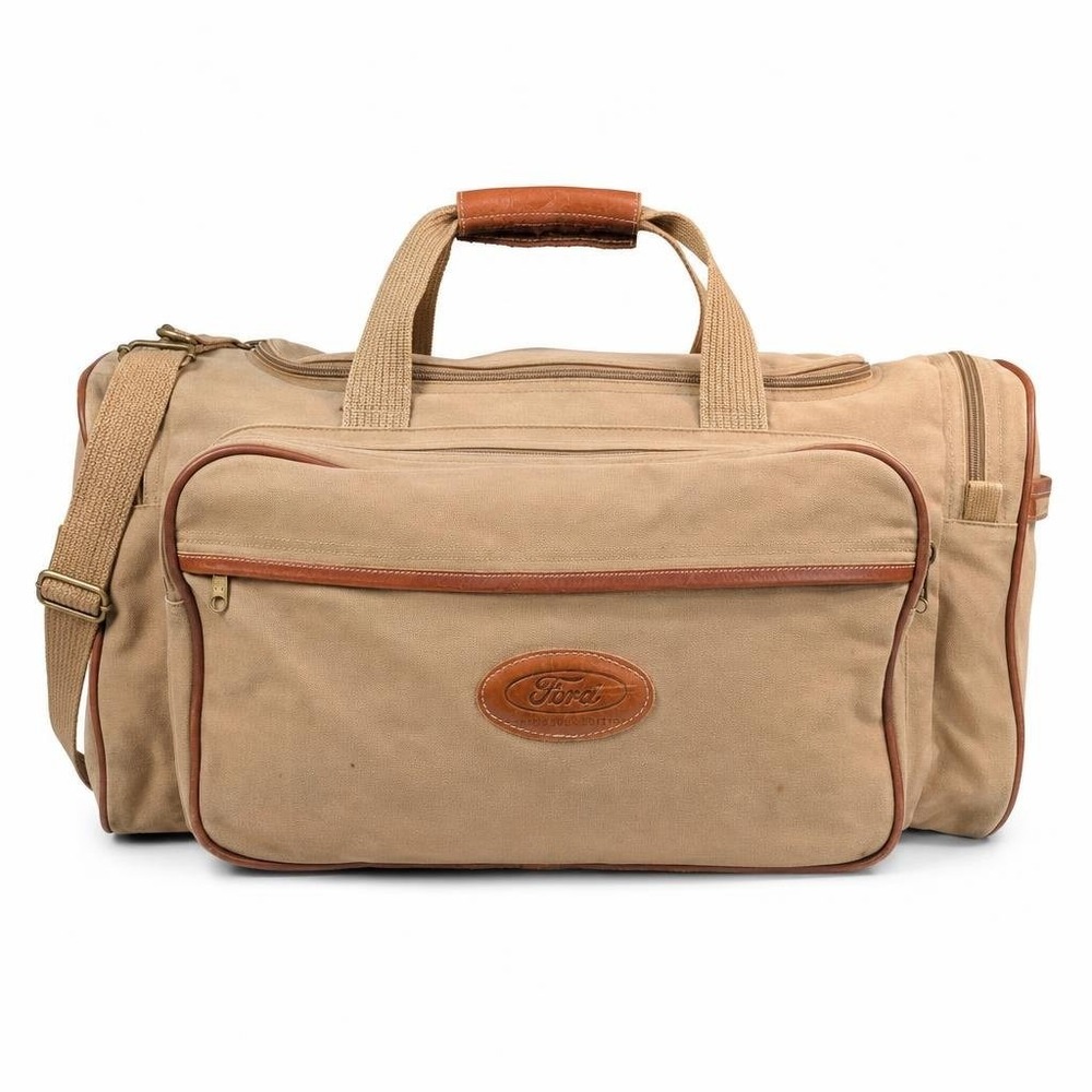 Vintage Ford Eddie Bauer Canvas Duffle Bag 21" Khaki Leather Trim Travel Utility